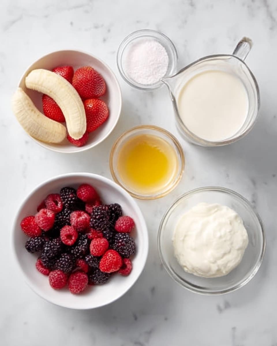 The image shows five white bowls and a clear glass jug on a white marble surface. One bowl is filled with mixed red and black berries like strawberries, raspberries, and blackberries with a fresh texture. Another bowl holds two peeled bananas resting side by side, smooth and pale yellow. A small bowl has a golden yellow liquid, likely honey or syrup, shiny and smooth. Another bowl contains a white creamy yogurt with a soft texture. The clear glass jug is filled with milk, showing a smooth, white liquid. A small bowl of granulated white sugar is also present, with a fine texture. Photo taken with an iphone --ar 4:5 --v 7