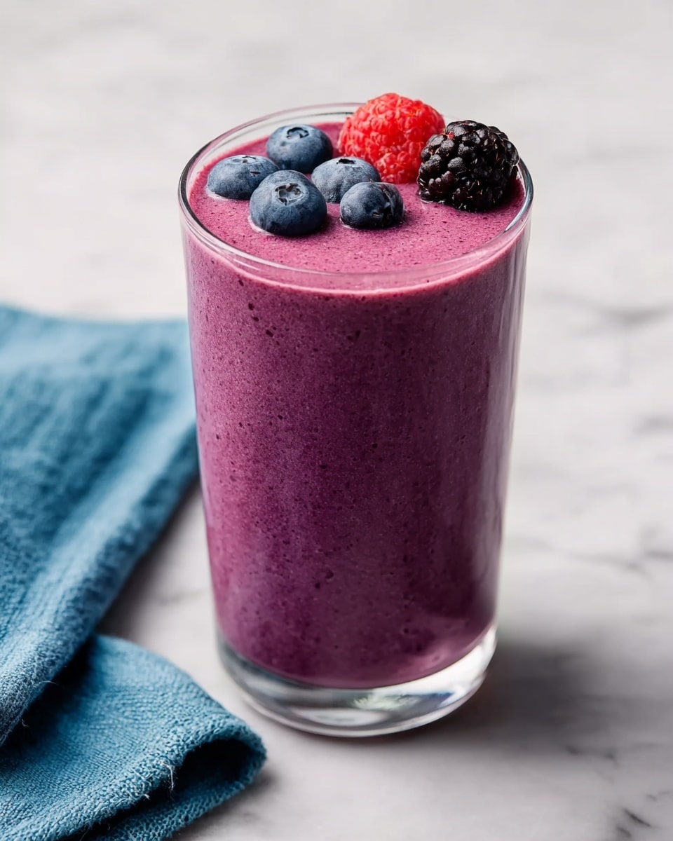 The image shows a tall clear glass filled with a thick purple smoothie, filling the glass almost to the top. On top of the smoothie, there is a small pile of fresh berries including blueberries, a small red raspberry, and a blackberry, adding bright blue, red, and black colors. The glass is placed on a smooth white marbled surface with a blue cloth napkin next to it on the left side. photo taken with an iphone --ar 4:5 --v 7