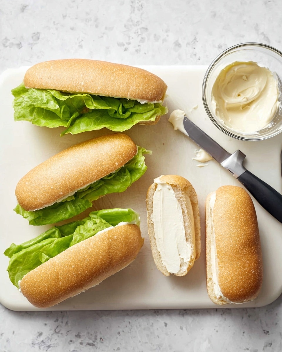 The image shows four sandwich rolls placed on a white cutting board on a white marbled surface. Three sandwiches have one layer of bright green lettuce inside soft, light brown bread rolls, while the fourth sandwich is open, showing a thick spread of white mayonnaise on the bread. Beside the open sandwich, there is a small clear glass bowl with more mayonnaise and a black-handled knife resting on it, partially covered with mayonnaise. Photo taken with an iphone --ar 4:5 --v 7