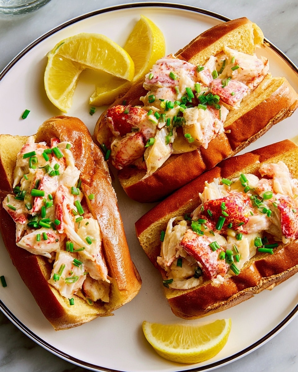 Three toasted golden brown split rolls are filled with chunky white lobster meat with red edges, topped with small bright green chopped chives scattered across. The rolls are placed on a large white plate with a thin black rim, along with three yellow lemon wedges positioned around the sandwiches. The plate sits on a white marbled surface. photo taken with an iphone --ar 4:5 --v 7