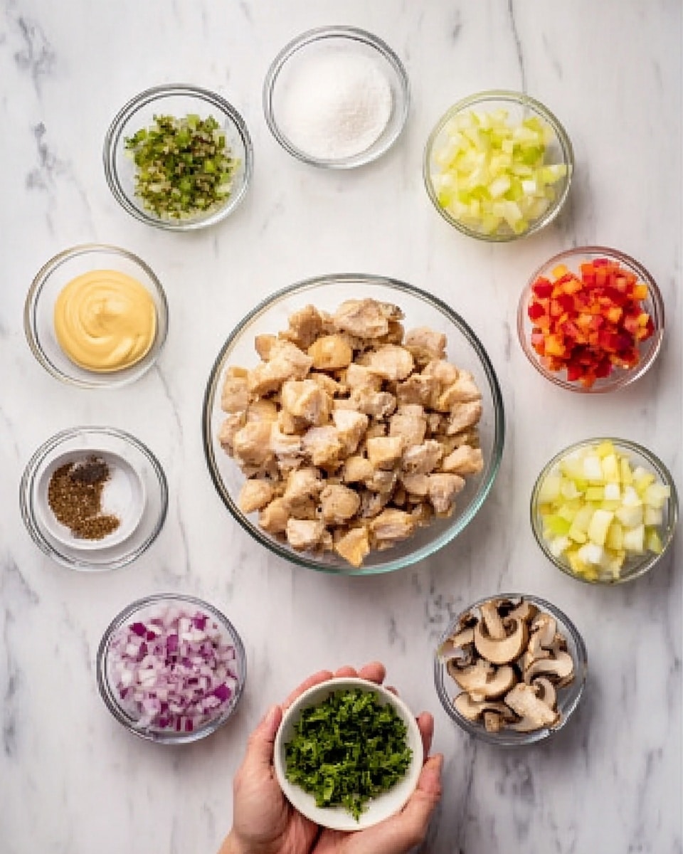 The image shows a clear glass bowl in the center filled with light beige small chicken pieces. Around it, there are eight smaller clear bowls arranged in a circle, each holding different ingredients in small amounts. Starting from the top and moving clockwise: fresh green herbs with thin leaves, white coarse salt, light green celery pieces, a mix of chopped apples and red bell pepper in pale yellow and red colors, a thin layer of mustard in bright yellow, a small amount of dark brown pepper, creamy white mayonnaise, finely chopped red onions, and sliced mushrooms in cream and brown shades. All bowls are set on a white marbled surface. A woman's hand is holding the bowl with green herbs. photo taken with an iphone --ar 4:5 --v 7
