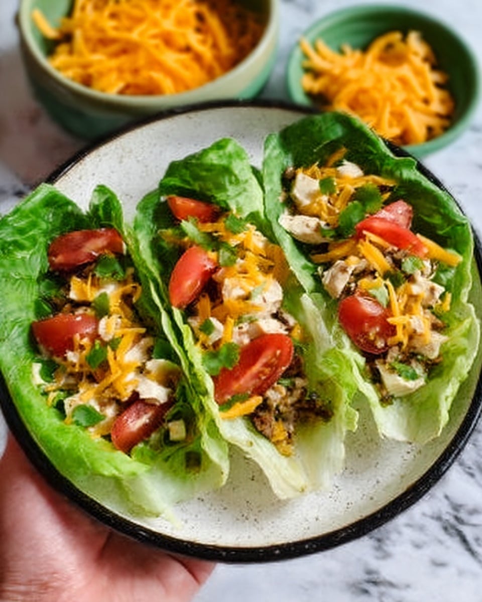 This image shows three lettuce wraps neatly arranged on a round white plate with a black rim. Each wrap starts with a fresh green leaf as the base, filled with layers of diced white chicken, small chunks of light yellow cheese, and thin slices of ripe red tomato, all topped with bits of darker green cilantro. The plate is placed on a white marbled surface, and a woman's hand is slightly visible holding the plate on the side. In the background, there is a green bowl filled with shredded orange cheese, slightly out of focus. Photo taken with an iphone --ar 4:5 --v 7