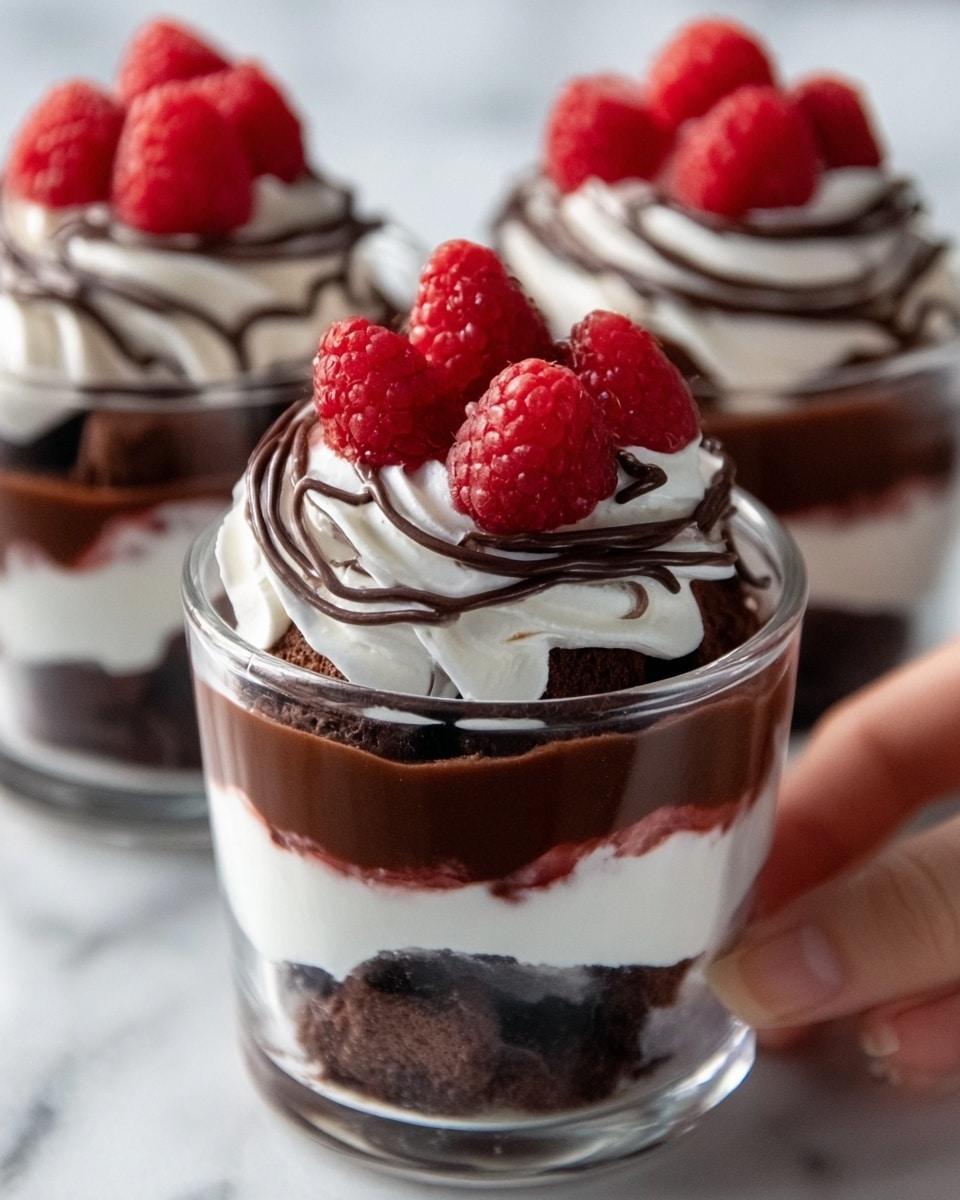 The image shows three clear glass cups filled with layered dessert. Each cup has several layers: at the bottom, there is a dark chocolate layer with a smooth texture. Above it, there is a white creamy layer, followed by more chocolate cake pieces. Then, another white cream layer tops the cake, finished with a swirl of whipped cream on top. The whipped cream is decorated with fresh red raspberries and thin lines of dark chocolate drizzled over it. The cups are set on a white marbled surface, and a woman's hand is gently holding one of the cups. Photo taken with an iphone --ar 4:5 --v 7