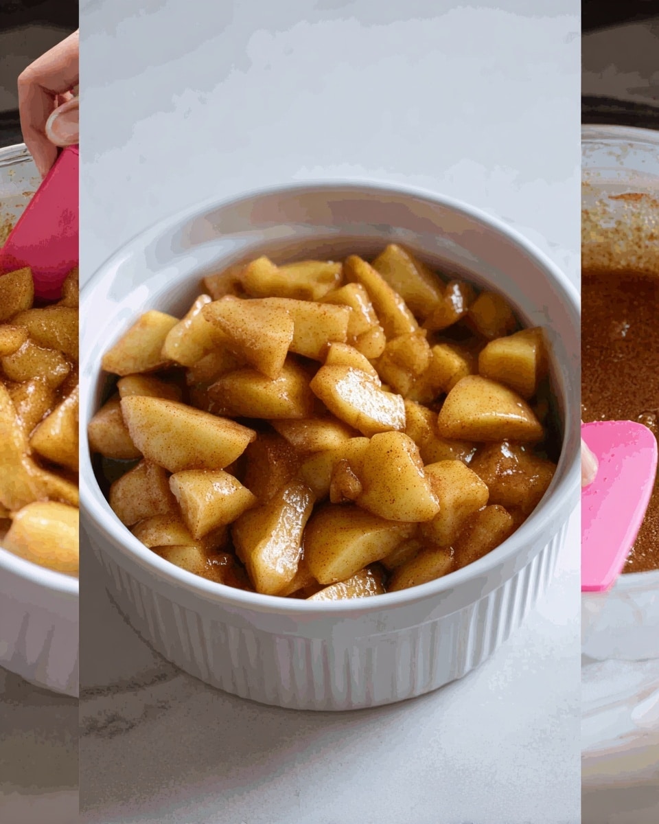 A white round ramekin filled with many pieces of sliced apples coated in a shiny mix of cinnamon and sugar, giving the apples a light brown and slightly sticky look. The pieces are uneven in size but all stacked closely together inside the dish. A pink spatula is seen mixing the apples, showing the smooth and moist texture of the coated fruit. In one image, a woman's hand is placing the ramekin inside a microwave with a white marbled surface background. Photo taken with an iphone --ar 4:5 --v 7