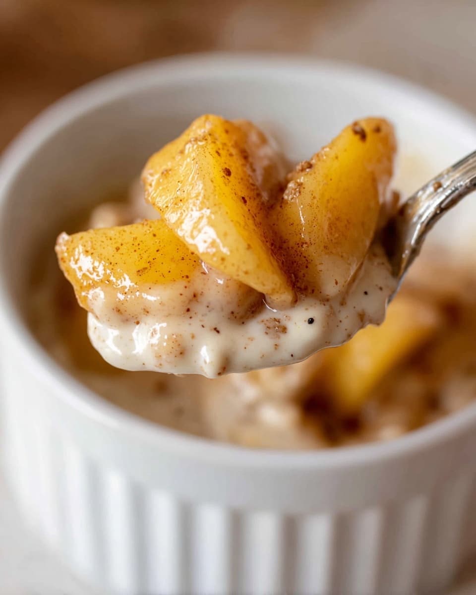 A close-up of a spoon holding three soft, golden yellow apple slices coated in a light brown cinnamon sauce with visible small brown cinnamon specks, resting above a creamy white yogurt or sauce base inside a white bowl with a ribbed texture. The spoon has some creamy white sauce clinging to it, showing small black vanilla bean seeds mixed in. The background is blurred with warm brown and beige colors, placed on a white marbled surface. photo taken with an iphone --ar 4:5 --v 7