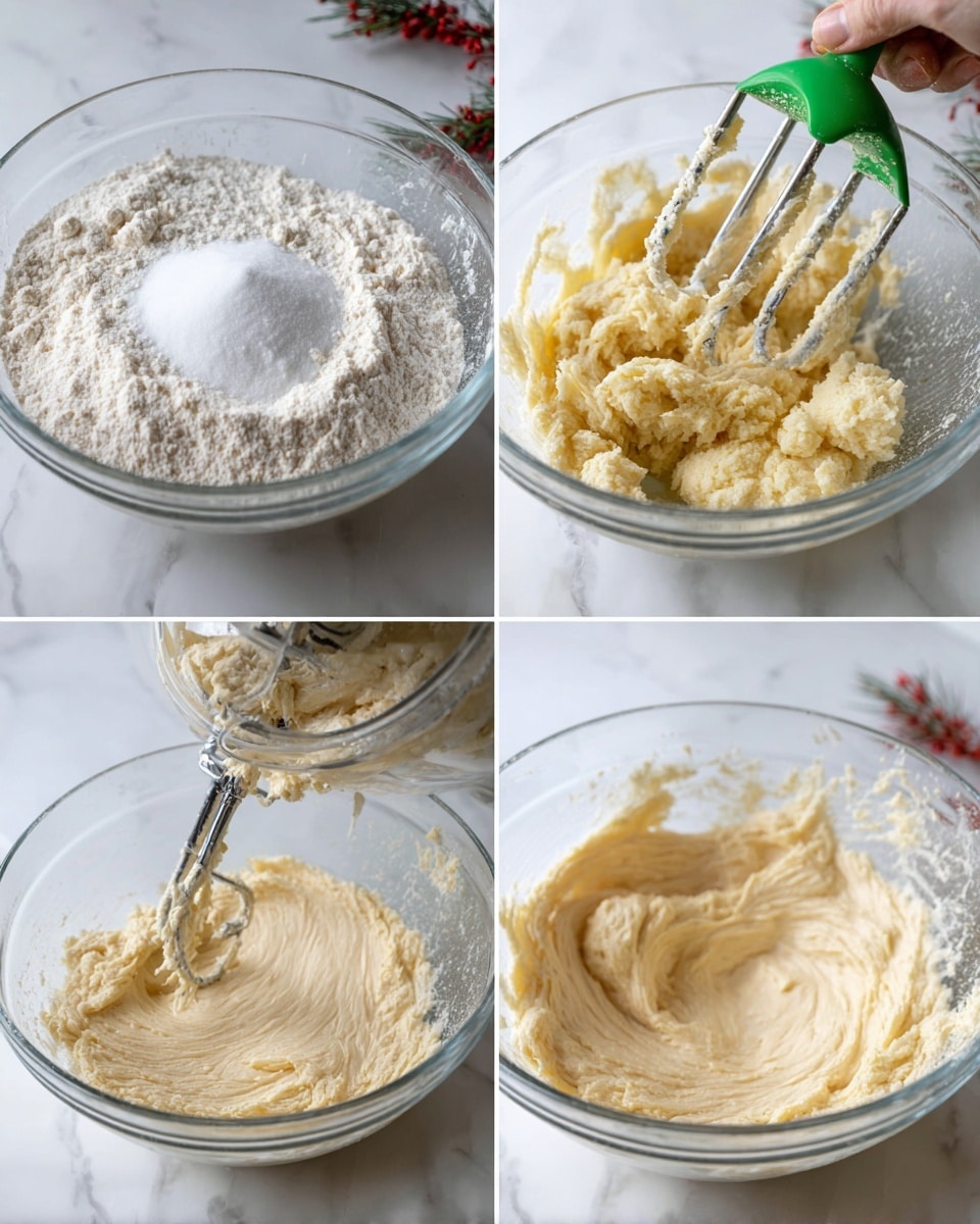 A clear glass bowl sits on a white marbled surface, filled with layers of baking ingredients in progress. The first layer is white flour with a small mound of white granulated sugar on top. The next image shows the bowl with a hand mixer partially blending the flour with pale yellow softened butter, creating clumpy dough with a crumbly texture. The third image features the hand mixer beating the dough into a smooth, creamy light beige batter with soft swirls. The final image shows a woman's hand using a green silicone spatula to scrape the thick and smooth batter inside the same bowl, highlighting its creamy texture. Photo taken with an iphone --ar 4:5 --v 7