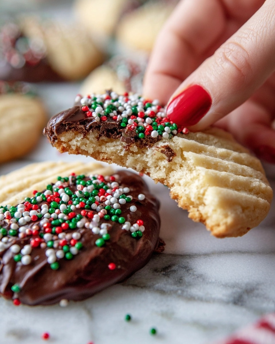 A close-up of a cookie being held by a woman's hand with red nail polish, showing three layers: a thick, light beige soft cookie base, a glossy dark chocolate layer covering half the cookie, and colorful red, white, and green round sprinkles scattered over the chocolate. The cookie has a ridged texture on the top beige part, and the bitten part reveals the soft crumb inside. In the blurred background, there are more cookies of the same kind placed on a white marbled surface. Photo taken with an iphone --ar 4:5 --v 7