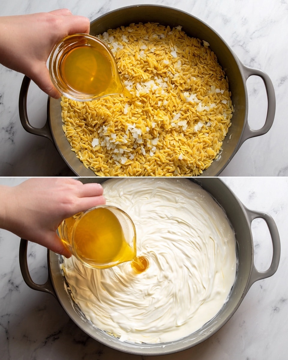 The image shows two layers of a cooking pan with orzo pasta inside. In the top layer, small yellow orzo grains mixed with small chopped onions cover the bottom of a grey cooking pot. A woman's hand pours a golden-yellow liquid from a glass measuring cup over the orzo. In the bottom layer, the orzo has softened, turning pale yellow, and a thick layer of white creamy sauce spreads over the top, swirling slightly into the orzo. The cooking pot is grey with handles on both sides, placed against a white marbled background. photo taken with an iphone --ar 4:5 --v 7