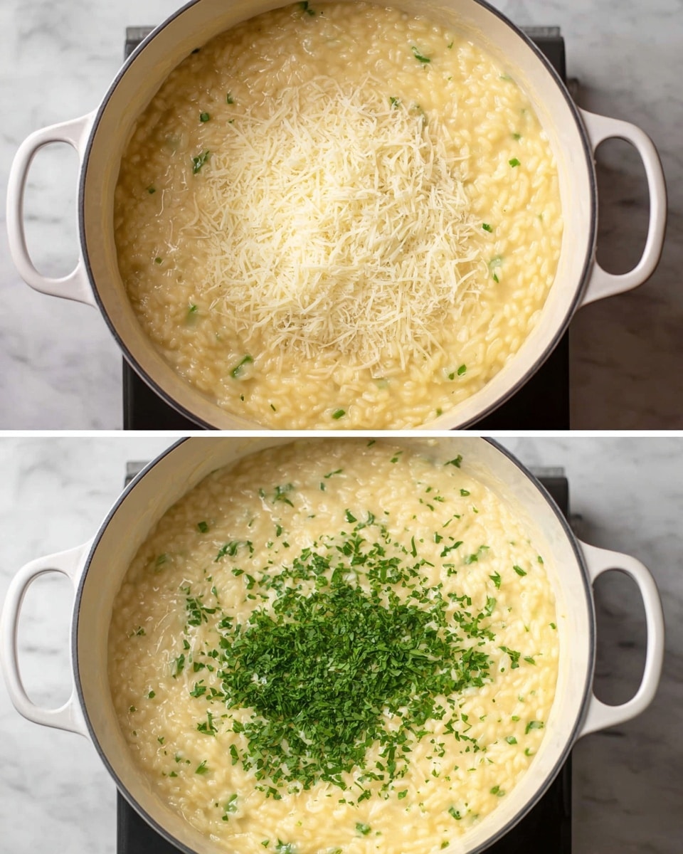 A white stovetop pot filled with creamy risotto that has a smooth pale yellow texture, shown in two stages. In the top image, a layer of light grated cheese sits in the middle of the risotto, which has a soft, thick consistency with visible short grains of rice throughout. In the bottom image, finely chopped bright green parsley is sprinkled evenly on top of the same creamy risotto, adding a fresh contrast to the yellow base. Both images have the pot placed on a white marbled surface. Photo taken with an iphone --ar 4:5 --v 7