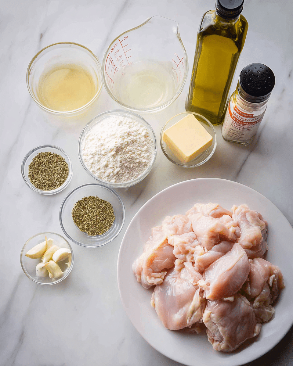The image shows raw light pink chicken pieces layered on a white plate in the bottom right corner. Next to the plate on a white marbled surface are small clear glass bowls with white flour, green dried herbs, and peeled garlic cloves arranged in a row. There are two clear measuring cups with liquids, one containing a pale yellow liquid and the other filled with creamy white liquid. Near the center is a small square of light yellow butter, and behind it is a tall green olive oil bottle. On the top right corner, there are two Spice bottles labeled Himalayan pink salt and black pepper, with black tops on a white marbled surface. photo taken with an iphone --ar 4:5 --v 7
