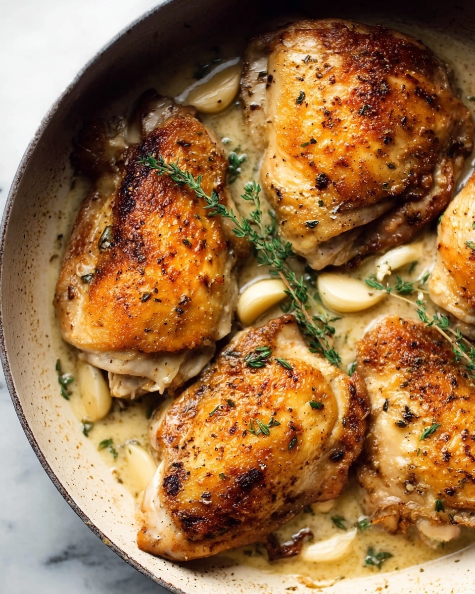The image shows four pieces of golden brown cooked chicken placed closely together in a white pan. The chicken pieces have a crispy texture with some herbs and small garlic cloves spread around them. The surface underneath is white marble, adding a clean and bright look to the image. photo taken with an iphone --ar 4:5 --v 7