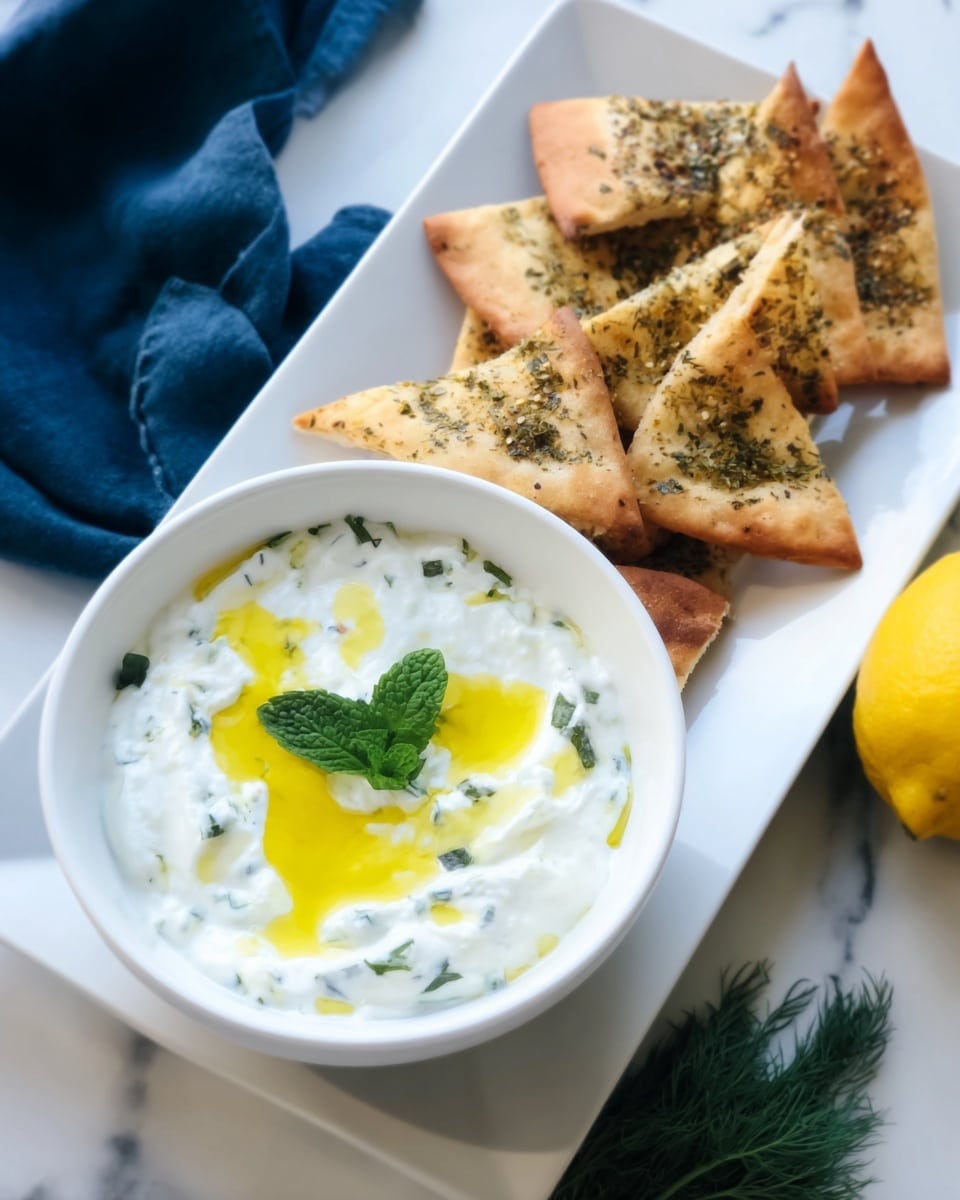 A white bowl filled with creamy white yogurt mixed with small green herbs and drizzled with a bright yellow olive oil on top, garnished with a small fresh green mint leaf in the center. The bowl is placed on a long white rectangular plate next to a pile of six crispy golden-brown pita bread triangles sprinkled with herbs and spices. To the right of the plate, there is a whole yellow lemon and a small bunch of fresh green dill. The background is a white marbled surface with a dark blue cloth partly visible on the left side. The photo is taken with an iphone --ar 4:5 --v 7