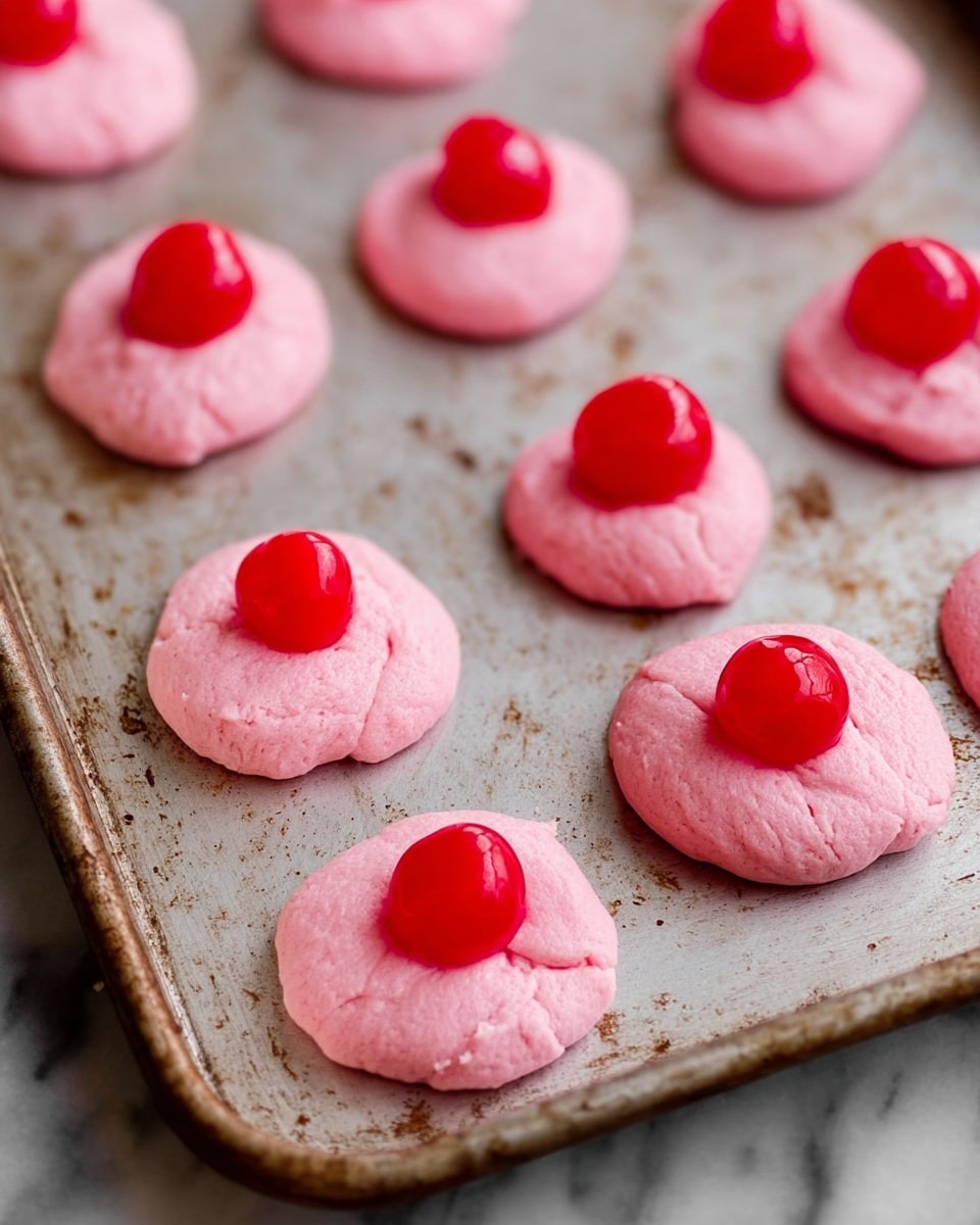 The image shows a baking tray with two rows of round, flat pink dough pieces, each topped with a shiny red cherry in the center. The pink dough has a soft, slightly uneven texture, with some small cracks and variations around the edges. The cherries are glossy, smooth, and bright red, placed neatly on the middle of each pink dough circle. The tray has a worn, metallic look with some small spots and marks. The background is a white marbled surface. photo taken with an iphone --ar 4:5 --v 7