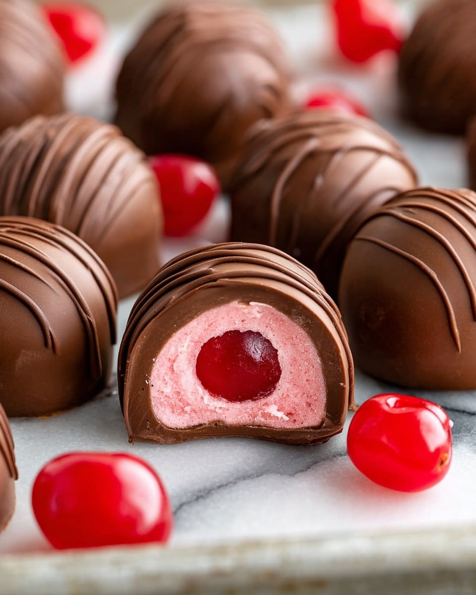 The image shows a close-up of round chocolate candies arranged on a white marbled surface. One candy is cut in half in the center, revealing three layers: a bright red cherry core, surrounded by a thick pink creamy layer, and then coated in a smooth, shiny milk chocolate shell with thin chocolate drizzles on top. Whole red cherries are scattered around the tray, enhancing the visual appeal. The chocolate candies are rich brown with a glossy texture, and the scene has a soft, natural light highlighting their smooth surfaces. Photo taken with an iphone --ar 4:5 --v 7