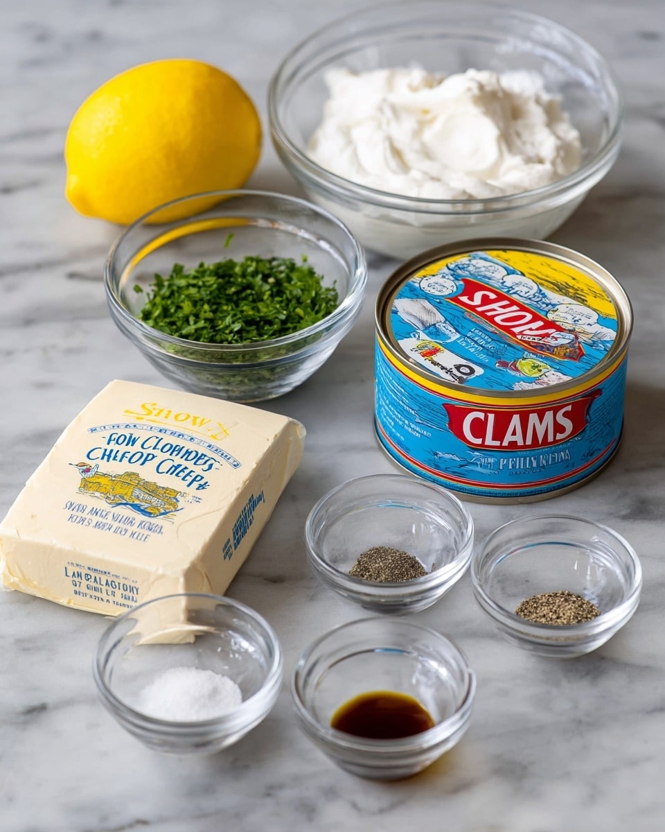 The image shows several ingredients arranged neatly on a white marbled surface. There is a whole bright yellow lemon on the left, a small clear glass bowl filled with chopped green herbs behind it, and another clear glass bowl filled with white cream-like substance in the back. Near the center right, there is a closed can with a colorful label that reads