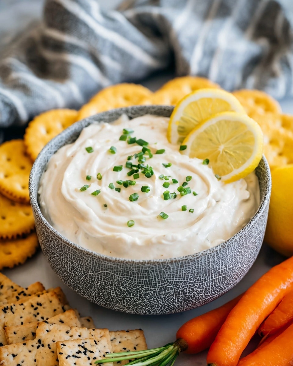 A bowl with a cracked gray pattern filled with a creamy white dip swirled smoothly on top, garnished with small chopped green chives and three thin lemon slices placed on one side. Around the bowl on a white marbled surface, there are round yellow crackers stacked in the back, a few orange baby carrots with green tops on the front right, and a stack of square crackers with black sesame seeds on the front left. In the background, a gray kitchen towel with white stripes adds texture. Photo taken with an iphone --ar 4:5 --v 7