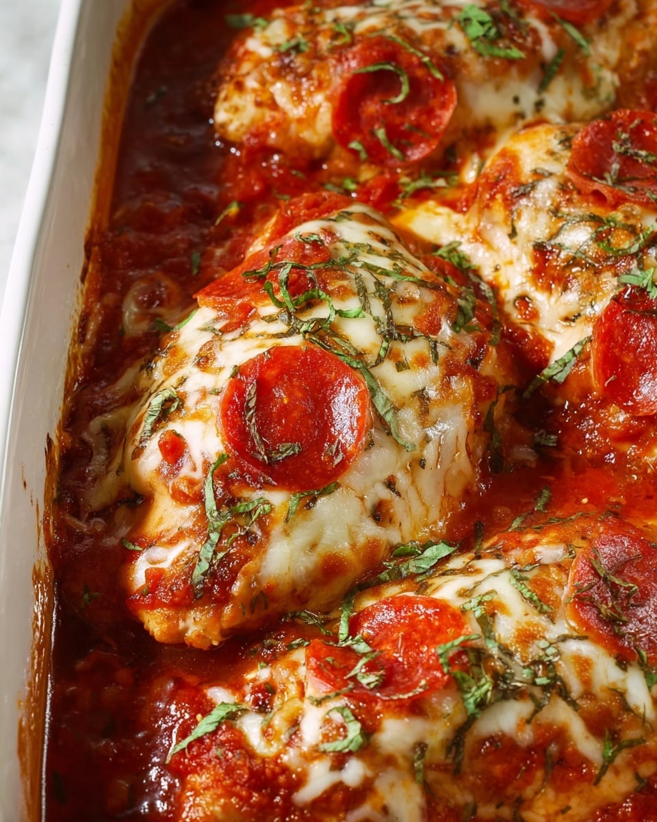 The image shows several pieces of baked chicken covered with melted cheese that has a light golden brown color. Each chicken piece is topped with one or two slices of red pepperoni, and small chopped green herbs are scattered over the top. The dish is surrounded by thick red tomato sauce that covers the bottom of a white baking dish. The cheese on the chicken looks soft and inviting, and the sauce shines with a rich, oily texture. The white marbled surface is barely visible at the edges of the dish. photo taken with an iphone --ar 4:5 --v 7