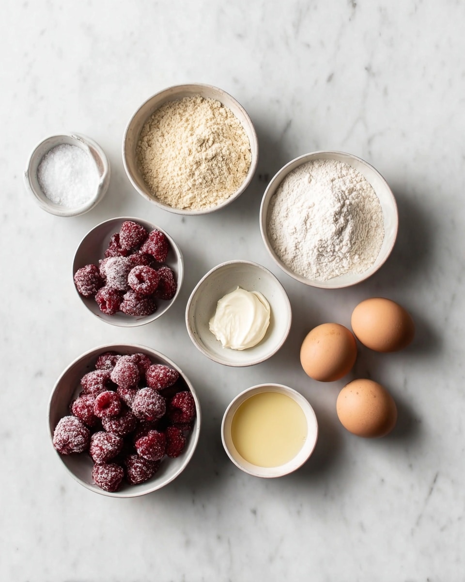 The image shows nine small white bowls and two brown eggs placed on a white marbled surface. Starting from the top right and moving clockwise, the first bowl contains a light beige powder with a crumbly texture. Next is a bowl with a dollop of white cream or soft solid. To its right, a tiny bowl holds a small amount of white powder. Below it, another bowl has a little coarse white salt. Toward the bottom, a small bowl contains a light yellow creamy substance. To the left of the eggs, a bowl with white powder appears like flour. The largest bowl in the center holds frozen raspberries covered in frost. The two eggs have a smooth brown shell and are placed near the flour bowl. The whole setup is neat and spread out flat on the white marbled surface. photo taken with an iphone --ar 4:5 --v 7