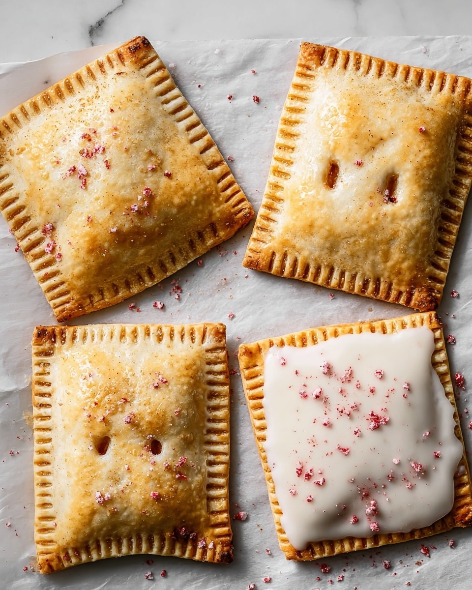 Four square pastries with golden brown crusts that have fork-pressed edges are laid on parchment paper over a white marbled surface. Two pastries are plain with small vent holes in the center, showing a smooth and slightly shiny baked surface. The other two pastries have a thick layer of white icing spread on top and are sprinkled with small red crumbs, adding a pop of color. The pastry crusts have a slightly rough texture with a warm, toasted look. Photo taken with an iphone --ar 4:5 --v 7