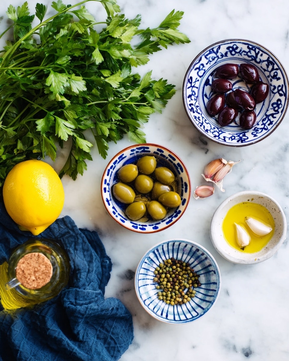 The image shows a bunch of bright green fresh parsley leaves on a white marbled surface, surrounded by small white bowls with blue rims and patterns. One bowl holds green olives, another has dark purple olives sliced in half, a smaller bowl contains two garlic cloves, and a striped bowl holds small green peppercorns. A yellow lemon sits next to a crumpled dark blue cloth. A glass bottle of olive oil with a cork top is near the bottom left corner. Photo taken with an iphone --ar 4:5 --v 7