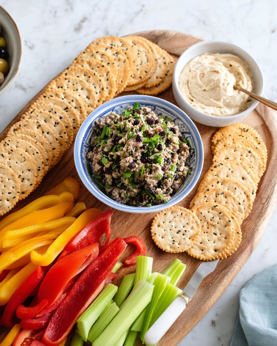 A wooden board holds three groups of crackers and a white bowl with a creamy light beige dip, placed on a white marbled surface. In the top center, there is a blue and white bowl filled with a chopped green, black, and brown mix that looks like tapenade. Around the edge of the board, there are round beige crackers with small black seeds, darker round crackers with small holes, and rectangular beige crackers with small holes. To the right side, there are fresh vegetables arranged in lines: red and yellow bell pepper strips, tomato wedges, and pale green celery sticks. A white-handled knife rests on the board near the crackers and vegetables. Photo taken with an iphone --ar 4:5 --v 7
