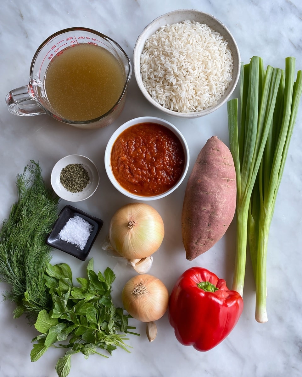A clear glass measuring cup with light brown broth sits near a white bowl filled halfway with uncooked white rice. To the right, a small white bowl contains thick red sauce with visible texture, and further to the right is a whole purple-skinned sweet potato. Below the bowls, a cluster of four pale yellow onions is spread out, and nearby are a few garlic cloves with skins partially removed. In the lower left corner, fresh green herbs including parsley, dill, and mint leaves create a leafy cluster. A small black dish holds three seasonings: coarse white salt, black pepper, and dried green herbs. Tall light green celery stalks with white bases lay on the right side near green onions with white and green parts. In the bottom section, a bright red bell pepper stands out next to the fresh herbs. All items lie on a white marbled surface photo taken with an iphone --ar 4:5 --v 7