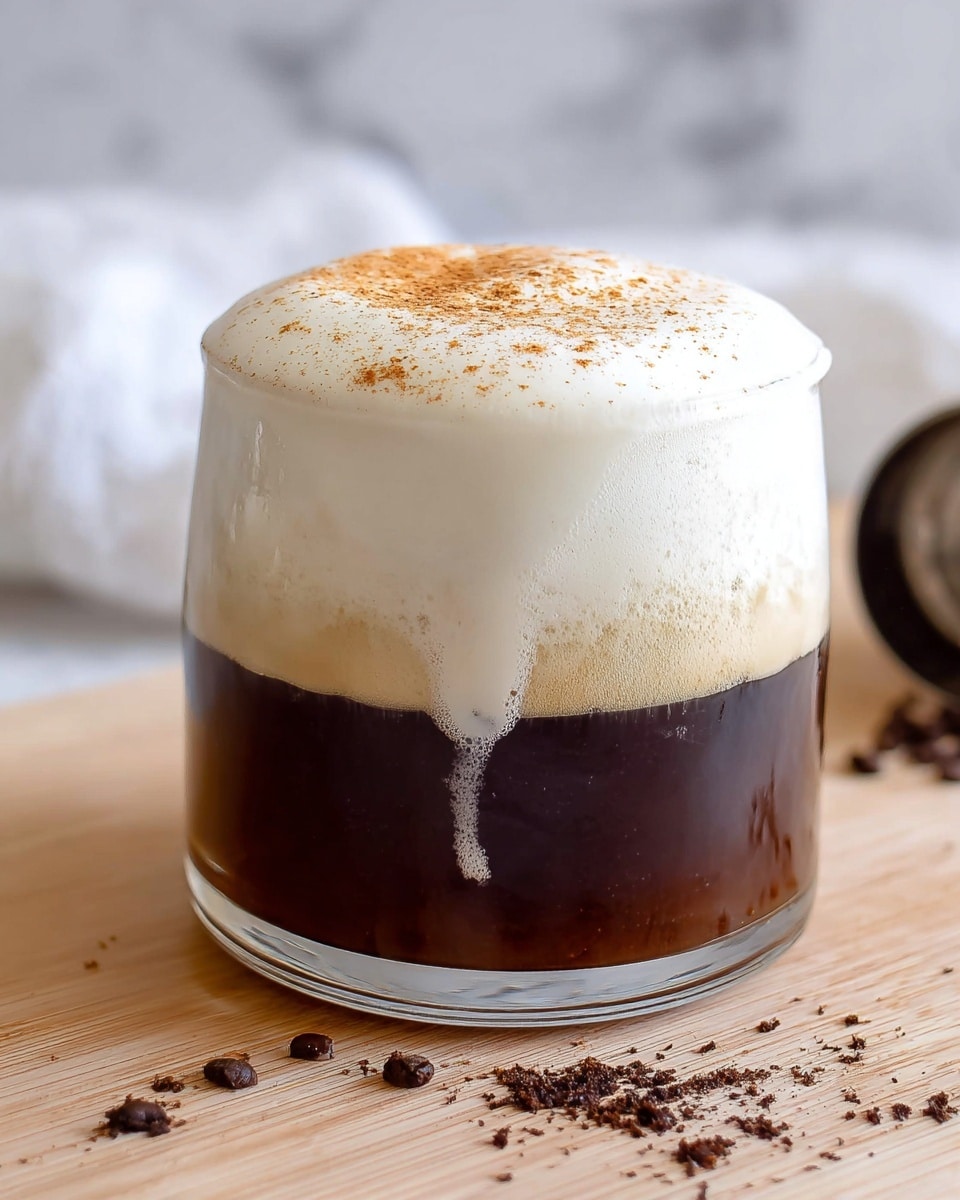 A clear glass filled with three layers is shown on a light wooden surface with a white marbled texture in the background. The bottom layer is dark brown liquid coffee, taking up about two thirds of the glass. The next layer is thick, white foam that fills the top third of the glass and flows slightly over one side, dripping down. The very top has a sprinkle of fine brown cinnamon or spice powder spread across the white foam. Some loose dark coffee grounds are scattered on the surface beside the glass. Photo taken with an iphone --ar 4:5 --v 7