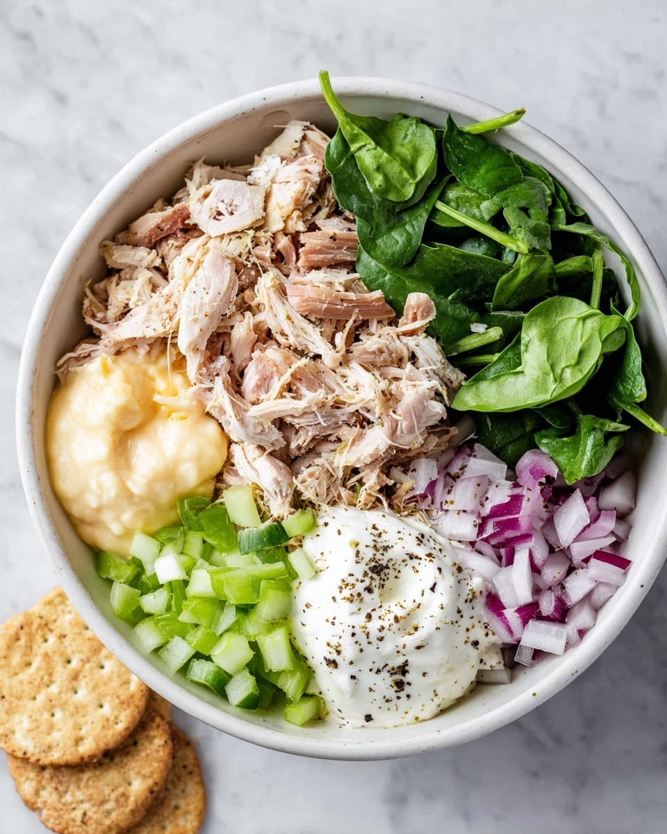 A white bowl is filled with six clear sections of ingredients arranged side by side: the top center layer is light brown shredded cooked meat with bits of skin, next to it on the right is a pile of fresh chopped dark green spinach leaves; below the meat on the left is a smooth pale yellow creamy mixture, beside it is a white creamy dollop sprinkled with black pepper; the bottom left section has bright green chopped celery cubes, and the bottom center section has finely chopped purple-red onions. The bowl is on a white marbled surface with some round brown crackers placed nearby. photo taken with an iphone --ar 4:5 --v 7