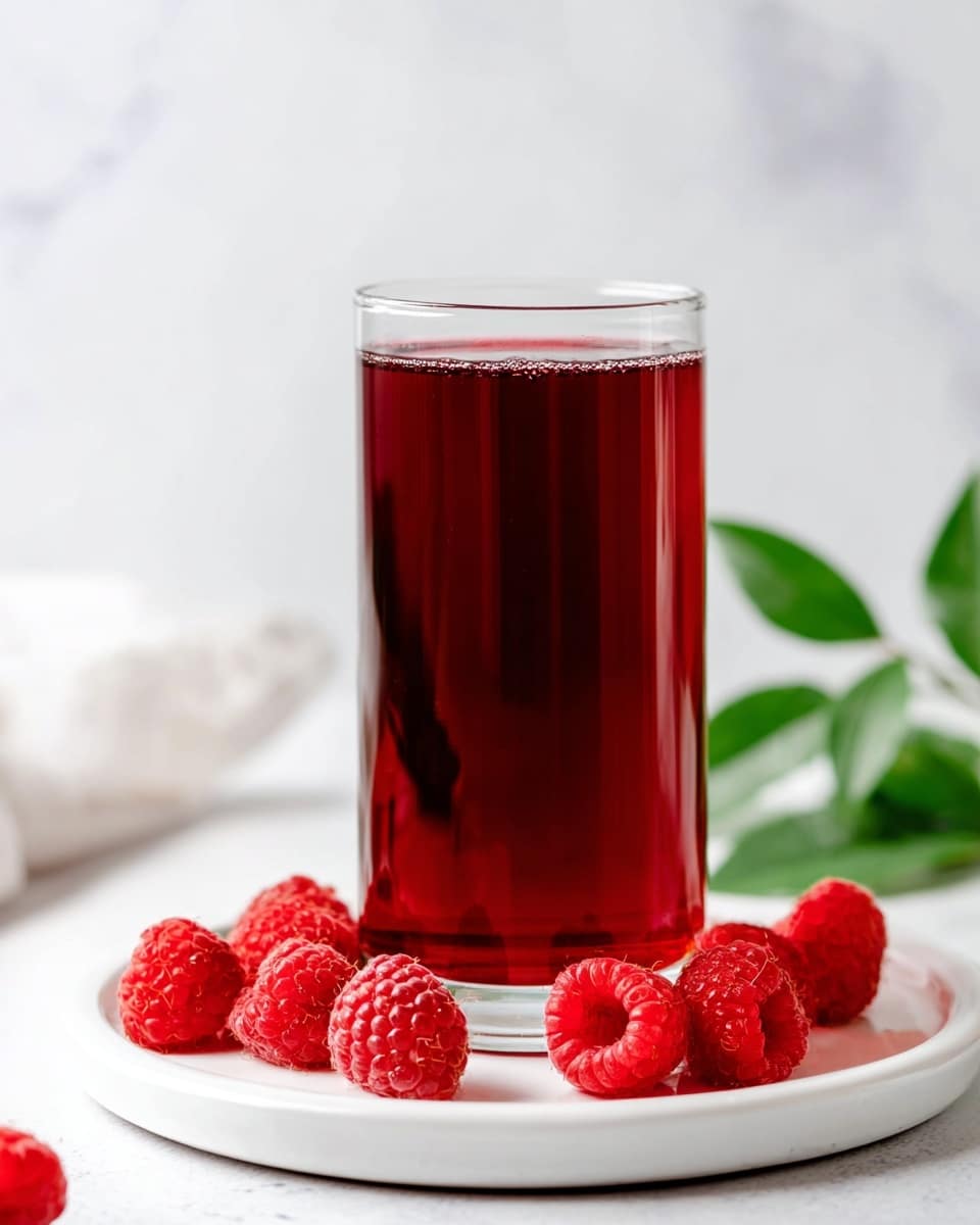 A tall, clear glass filled almost to the top with dark red juice sits on a white plate that holds several fresh, bright red raspberries scattered around its edge. The background and surface show a white marbled texture that contrasts with the rich color of the drink and the fresh berries. To the right side, a few green leaves add a touch of natural color to the scene. photo taken with an iphone --ar 4:5 --v 7