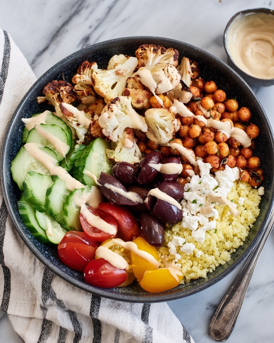 The image shows a bowl with several layers of food arranged side by side. Starting from the bottom left, there are thick slices of cucumber with light green skin and pale flesh. Next to the cucumber, there are halved cherry tomatoes in red and yellow with a glossy texture. Moving clockwise, a cluster of dark purple olives adds contrast. To the right, there is a light yellow grain, likely couscous, with some white crumbled cheese on top. Above this, golden brown roasted chickpeas are piled next to roasted cauliflower pieces that are slightly charred and creamy white inside. The cauliflower and chickpeas are drizzled with a beige creamy sauce, which also appears on the olives, tomatoes, and cucumber. The bowl is dark and round, set on a white marbled surface. A woman's hand holding a striped white and black cloth napkin is near the bowl with a silver spoon beside it. Photo taken with an iphone --ar 4:5 --v 7