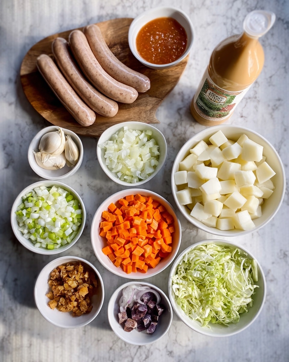 The image shows various ingredients neatly arranged on a white marbled surface. A large white bowl filled with cubed white potatoes sits near the center. Around it, there are smaller white bowls containing chopped white onions, sliced orange carrots, chopped green celery, shredded white cabbage, a small bowl of a reddish sauce, a small bowl of minced garlic, and a small bowl with some brown and purple pieces, possibly dried fruits or spices. Also present is a tan squeeze bottle of sauce and a large bowl with six raw sausages placed on the left. The lighting is bright and natural. photo taken with an iphone --ar 4:5 --v 7
