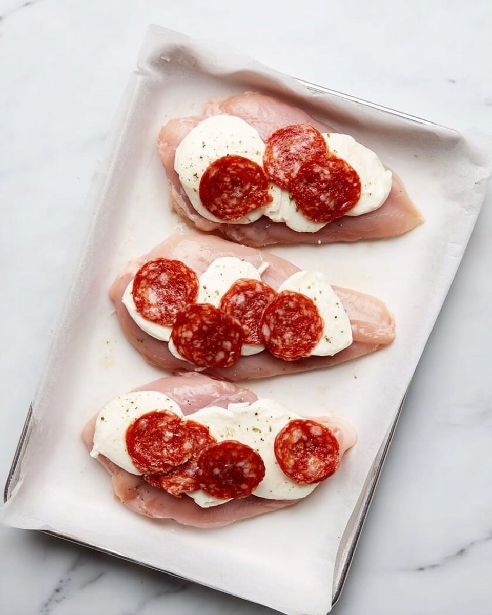 The image shows four raw chicken pieces placed on a white baking tray lined with white parchment paper. Each chicken piece is topped with three round slices of red salami, evenly spread in a row along the chicken. On top of the salami slices, there are two to three uneven pieces of white mozzarella cheese, laid roughly in the center of each chicken piece. The tray is set on a white marbled surface, giving a clean and bright background. Photo taken with an iphone --ar 4:5 --v 7
