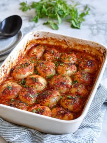 Vegan Greek Stuffed Onions with Mediterranean Veggies and Tomato Sauce Recipe