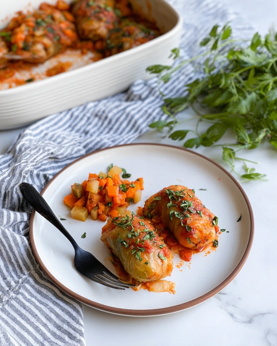 On a white plate with a thin brown edge, there are two stuffed vegetables side by side, one light yellow and one orange, both covered with small pieces of herbs and a reddish sauce. The stuffed vegetables are soft-looking, with a slightly shiny texture, placed towards the lower right of the plate. Next to them, on the left, is a small pile of cooked diced vegetables in orange, white, and red colors mixed with bits of sauce. A black fork rests diagonally on the upper left side of the plate. In the background, there is a white ceramic casserole dish with similar stuffed vegetables, placed on a white marbled surface that has a blue and white striped cloth draped next to it. Fresh green herbs lie on the surface near the bottom right corner. Photo taken with an iphone --ar 4:5 --v 7