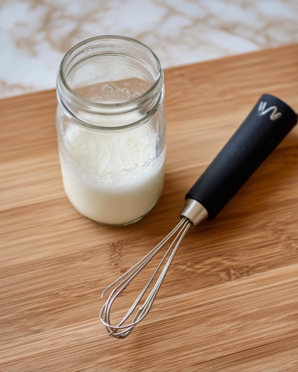 The image shows a small clear glass jar filled halfway with white, foamy liquid. Next to it lies a black handheld milk frother with a thin metal whisk attached, resting on a wooden surface with a light, natural grain and a warm tone. The jar is open, showing the smooth texture of the liquid inside. The background is a white marbled texture. photo taken with an iphone --ar 4:5 --v 7