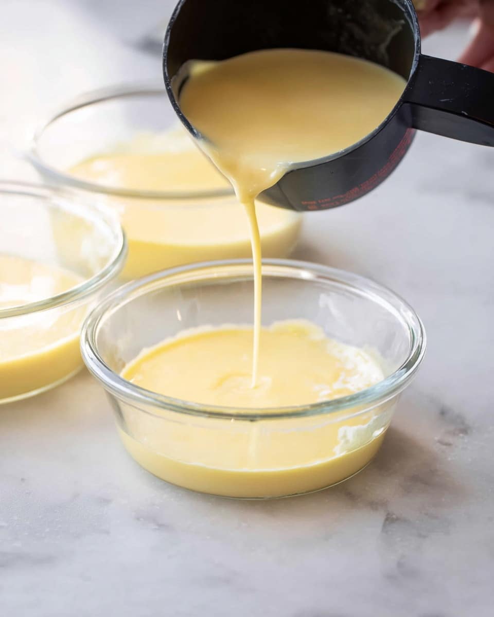 A close-up image shows a glass bowl filled with a smooth, light yellow liquid, with more of the same liquid being poured into it from a black measuring cup held by a woman's hand on the right side. In the background, there are two smaller glass bowls containing similar liquid, all set on a white marbled surface. The lighting highlights the creamy texture of the liquid and the clear glass bowls give a clean, fresh look to the scene. photo taken with an iphone --ar 4:5 --v 7