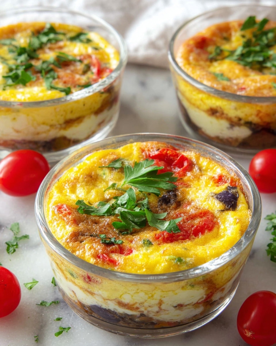 The image shows three clear glass bowls filled with a baked egg dish. Each bowl has visible layers starting with a bottom layer of cooked vegetables that appear brown and slightly crispy. The middle layer is made of fluffy yellow eggs mixed with red pieces of tomato and green leafy herbs. The top layer is adorned with some fresh green parsley leaves. The bowls are placed on a white marbled surface with a few cherry tomatoes and green herb sprigs around them. The lighting highlights the golden and colorful textures inside the glass bowls. Photo taken with an iphone --ar 4:5 --v 7