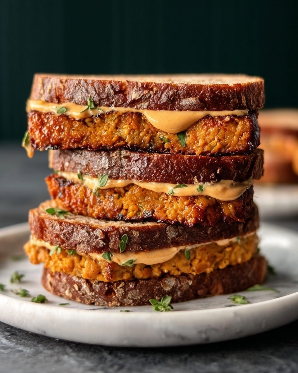 The image shows two stacked sandwiches on a white plate, placed on a white marbled surface. Each sandwich has three layers of dark brown bread with visible grain texture. Between the bread layers are thick, orange-brown patties that look juicy with green herbs scattered inside. On top of each patty is a thin layer of light orange sauce that looks creamy. The background is dark and out of focus, making the sandwiches the main focus. Photo taken with an iphone --ar 4:5 --v 7