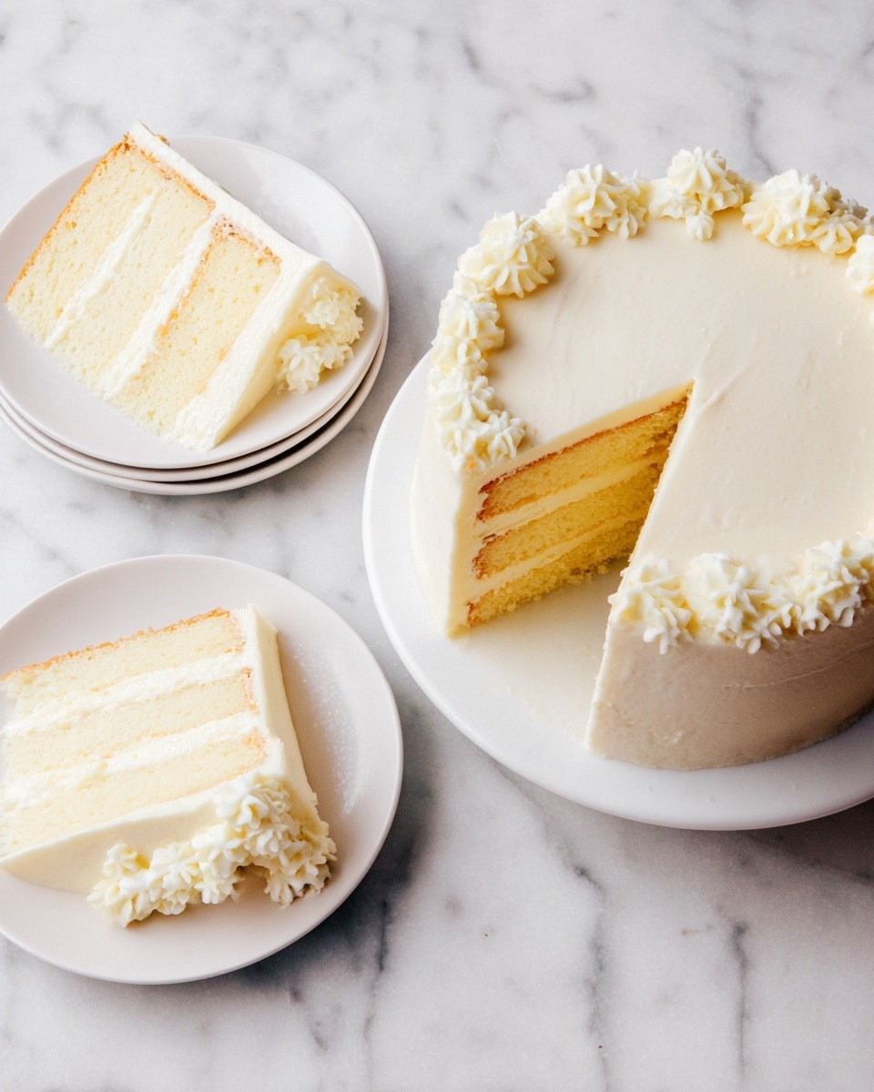 A round two-layer vanilla cake with smooth white frosting covers the whole cake, placed on a white plate. The cake's edges are decorated with small white frosting rosettes evenly spaced on top. One slice is cut from the cake and placed on the plate, showing the light yellow inside layers with white frosting between them. Two slices are served on two separate white plates nearby, each slice topped with a small cluster of white frosting rosettes. The cake and slices sit on a white marbled textured surface. photo taken with an iphone --ar 4:5 --v 7