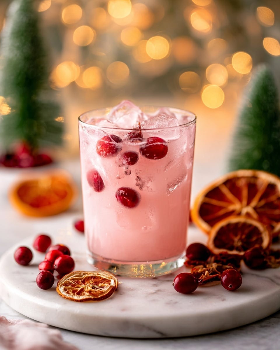 A clear glass filled with a light pink drink with visible ice cubes inside, topped with red cranberries floating on the surface. The glass sits on a round white marble board scattered with whole and cut cranberries and dried orange slices. Small decorative green trees stand in the blurry background with warm lights creating a soft bokeh effect. The setting is bright and clean with a white marbled surface underneath. photo taken with an iphone --ar 4:5 --v 7