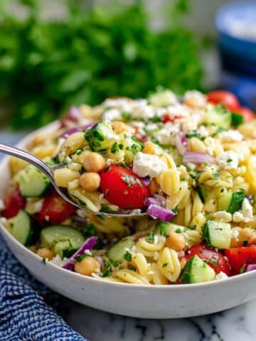 Greek Orzo Salad with Cucumber, Cherry Tomatoes, Chickpeas, and Feta Recipe