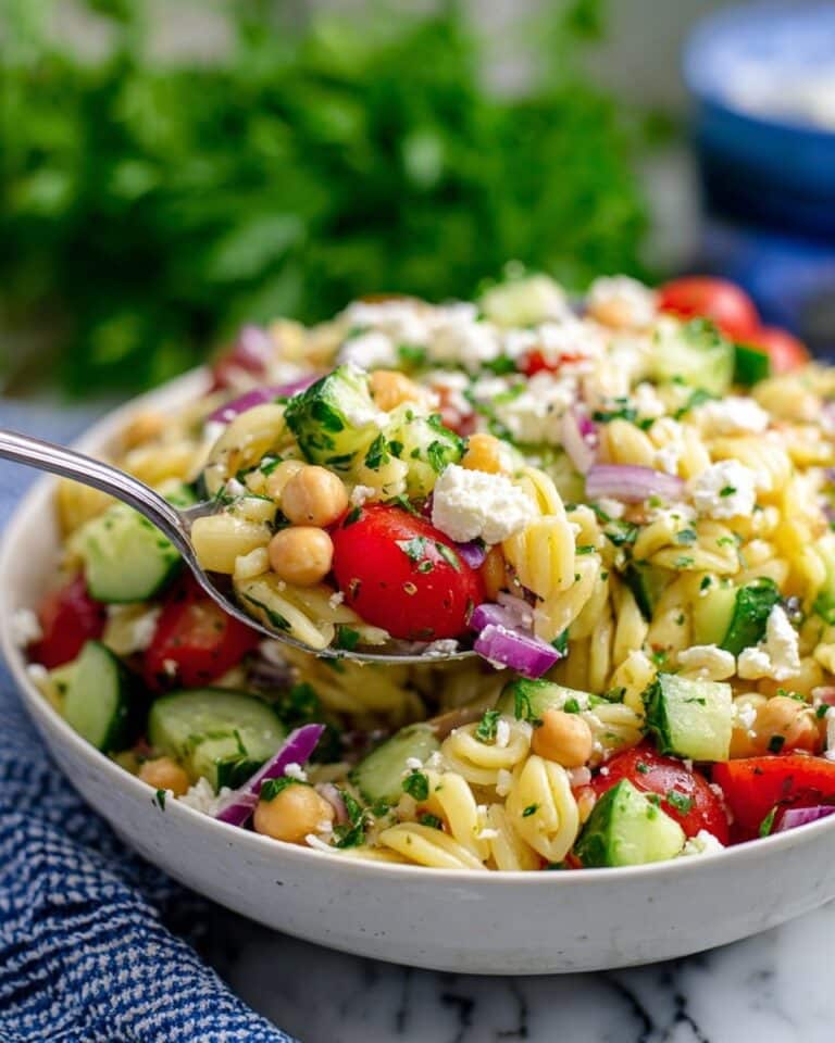 Greek Orzo Salad with Cucumber, Cherry Tomatoes, Chickpeas, and Feta Recipe
