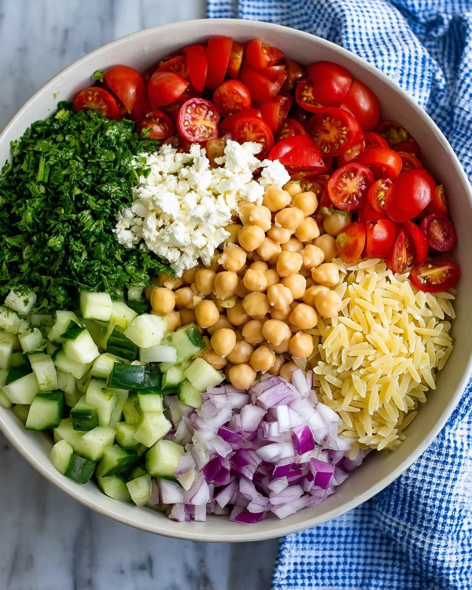 A large white bowl filled with six clear layers of fresh ingredients: bright red halved cherry tomatoes on the left, a small pile of finely chopped dark green parsley next to them, crumbled white cheese beside the parsley, a mound of pale yellow orzo pasta on the upper right, a big pile of light beige chickpeas in the center, chopped dark green cucumber pieces below the chickpeas, and diced purple onion with white parts on the bottom right. The bowl is placed on a white marbled surface with a blue and white checkered cloth in the background. photo taken with an iphone --ar 4:5 --v 7
