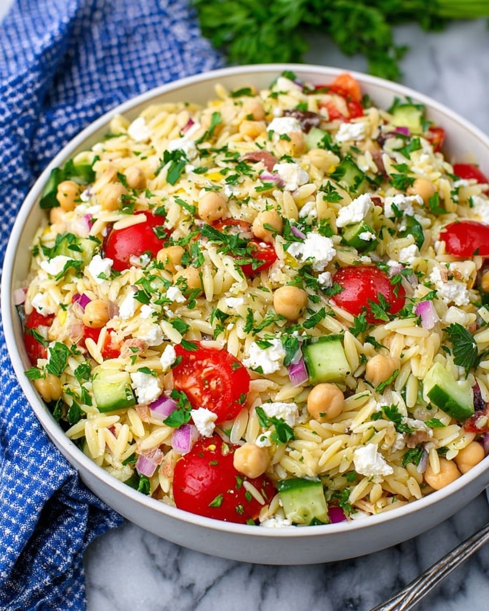 This image shows a large white bowl filled with a colorful orzo pasta salad. The dish has three clear layers: the base is pale yellow orzo pasta; mixed within are bright red halved cherry tomatoes, light green chopped cucumbers, creamy white crumbled cheese, small round beige chickpeas, and bits of purple onion. The salad is topped with fresh green parsley pieces scattered evenly. The bowl is placed on a white marbled surface with a blue and white checkered cloth in the background. photo taken with an iphone --ar 4:5 --v 7