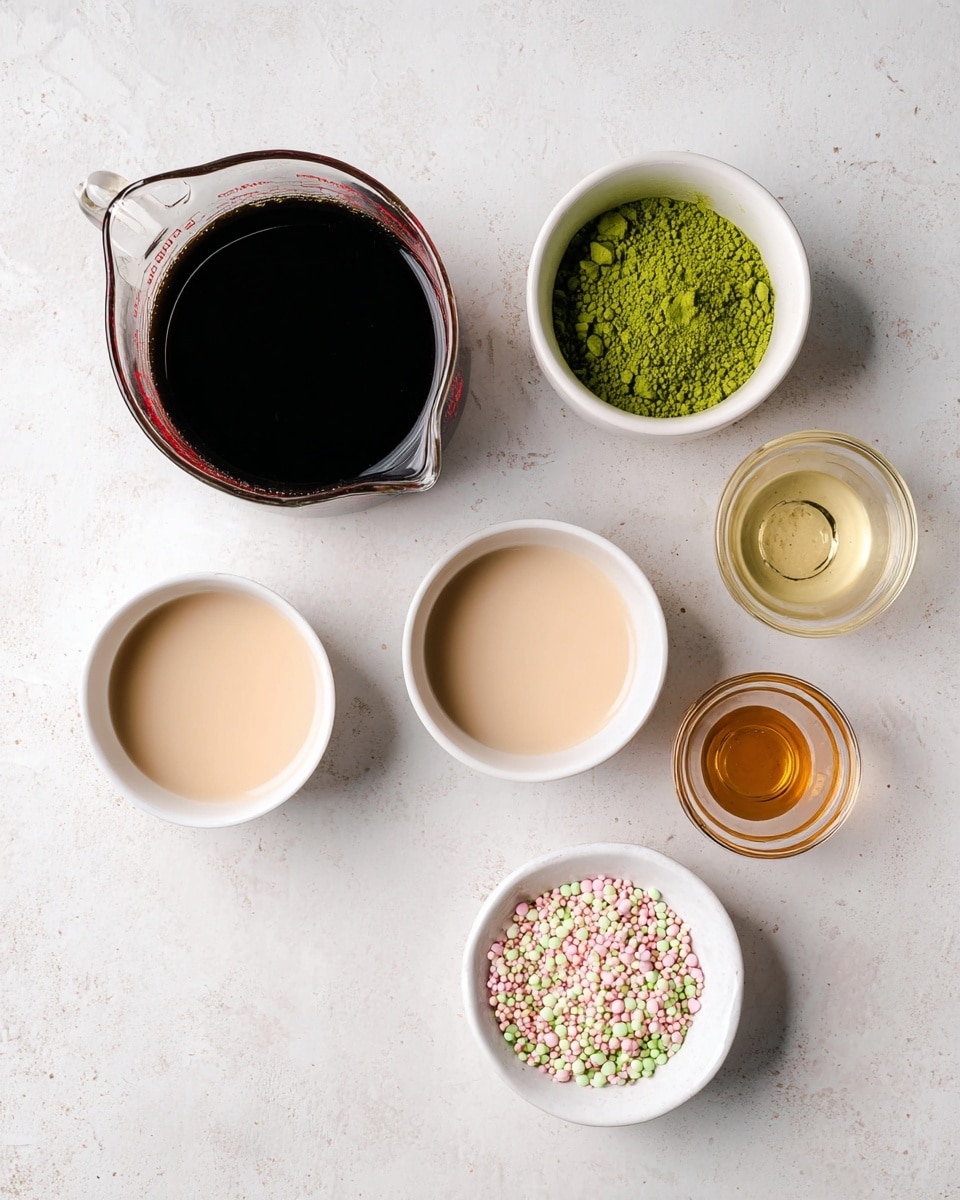 A clear glass measuring jug filled with dark black coffee sits in the top left corner on a white marbled surface. Next to it on the right is a small white bowl containing bright green matcha powder. Below the jug and bowl are two white bowls filled with creamy beige liquid, placed side by side. On the right side, there are two small clear glass containers, one with light golden syrup and the other with a pale beige liquid. Near the bottom, a white bowl filled with small, round, colorful sprinkles in pink, green, and white colors is visible. The whole setup is arranged neatly on a white marbled background, photo taken with an iphone --ar 4:5 --v 7