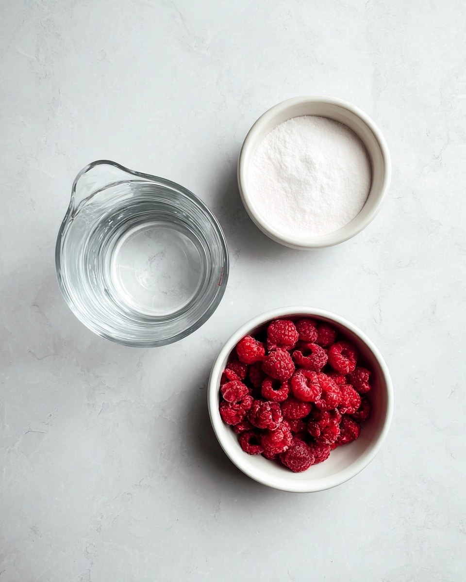 The image shows three containers placed on a white marbled surface, arranged in a triangular pattern. At the top right, there is a white bowl filled with a fine white powder. At the bottom right, another white bowl holds deep red raspberries, showing a slightly rough texture. At the bottom left, there is a small clear glass measuring cup filled with water, reflecting light softly. The simple and clean setup highlights the colors and textures of each ingredient clearly. photo taken with an iphone --ar 4:5 --v 7
