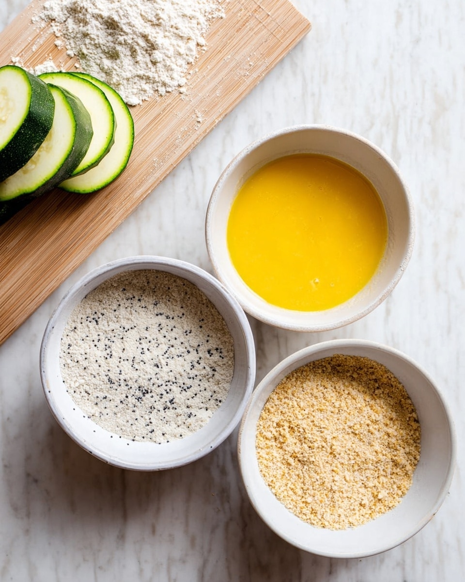A top view image shows three white bowls placed in a row on a white marbled surface; the left bowl contains a light gray flour mixture with visible black specks, the middle bowl holds a bright yellow beaten egg mixture with a smooth texture, and the right bowl is filled with a light brown breadcrumb mixture with a slightly coarse texture. In the top left corner, a wooden cutting board with a natural wood grain pattern holds several thick slices of green zucchini. The setup suggests preparation for breading or coating food items. photo taken with an iphone --ar 4:5 --v 7