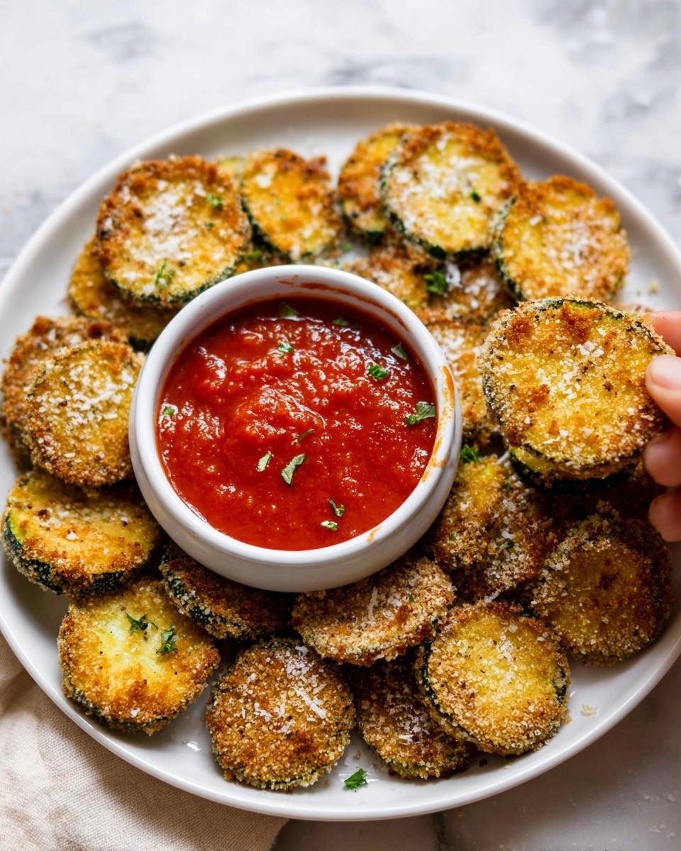 A white plate filled with one layer of round, golden brown crispy fried zucchini slices sprinkled with coarse salt and small green herbs. In the middle of the plate is a smaller white bowl filled with bright red chunky marinara sauce. One crispy zucchini slice is held partially dipped into the sauce by a woman's hand. The whole scene is set on a white marbled textured surface photo taken with an iphone --ar 4:5 --v 7