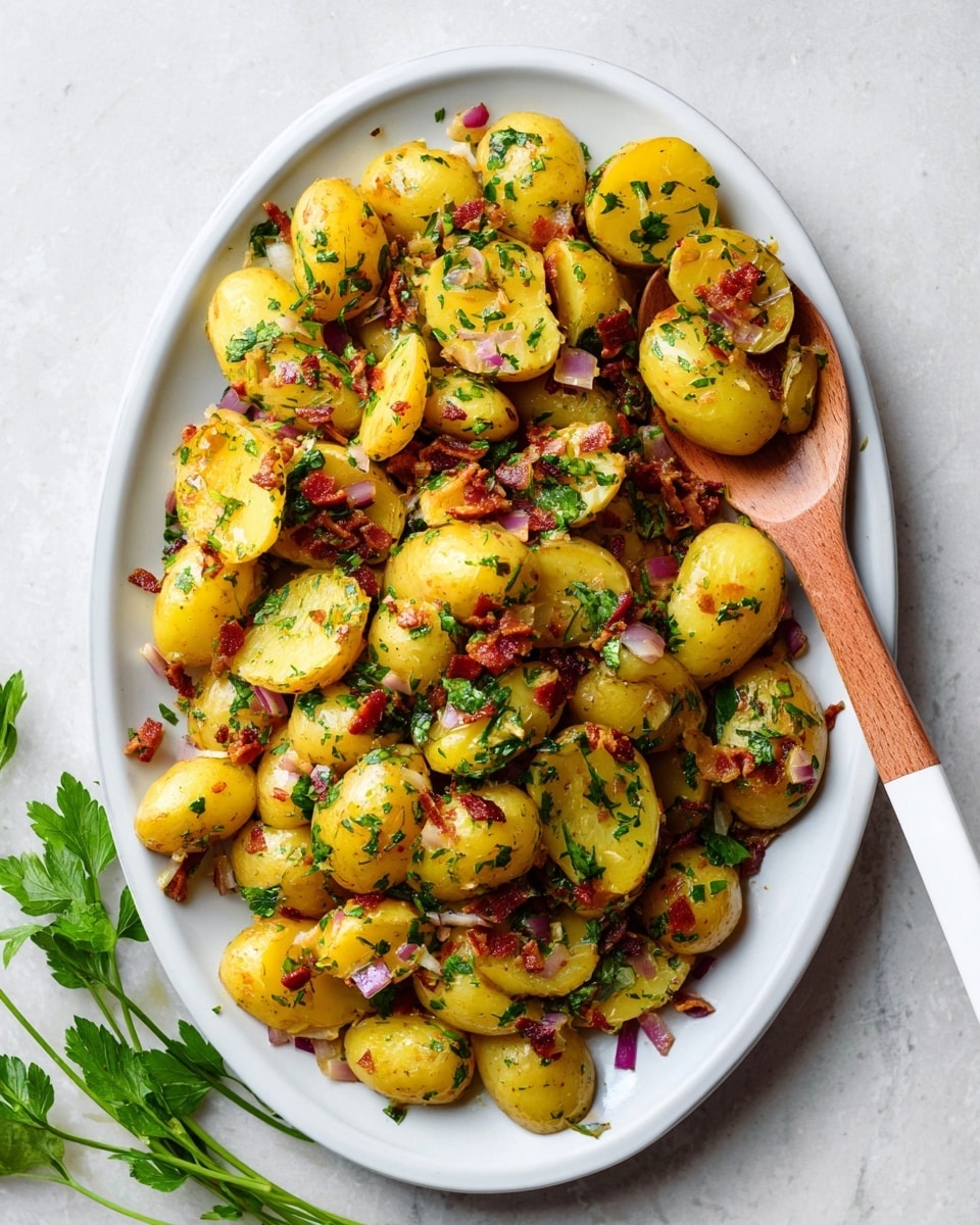 A large white oval plate holds about three layers of small yellow potato halves with a smooth, shiny texture. Mixed evenly through the potatoes are small pieces of red onion, visible by their bright purple color, and small bits of cooked bacon, which have a crispy, reddish-brown look. Fresh green herbs, likely chopped parsley, are sprinkled on top adding a pop of green color. A wooden spoon with a white handle rests on the right side of the plate, partly scooping some potatoes. The plate sits on a white marbled surface, and some fresh green parsley leaves are placed decoratively in the lower left corner. photo taken with an iphone --ar 4:5 --v 7