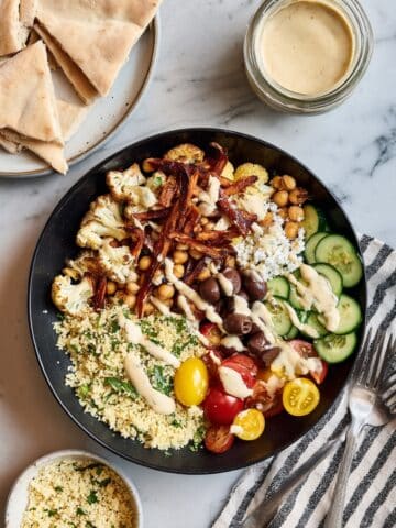 Sheet Pan Veggie Shawarma Bowls with Herbed Couscous and Lemon Tahini Recipe